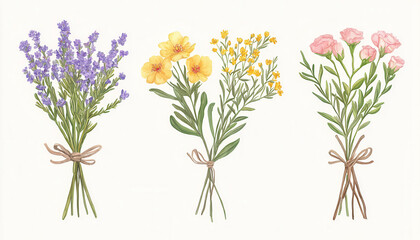 Fototapeta premium A beautiful illustration of three distinct flower bouquets, featuring lavender, yellow blossoms, and pink flowers, each tied with a ribbon.