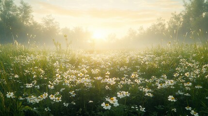 Fototapeta premium Sun rays shine through morning fog in a field of daisies.