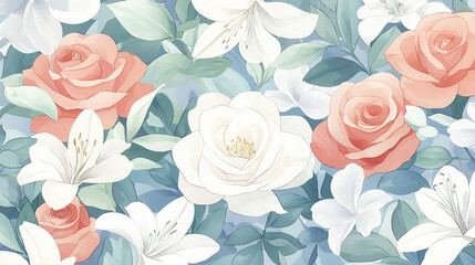 A vibrant floral pattern featuring white lilies and pink and peach roses, with delicate green leaves, creating a fresh, elegant atmosphere.