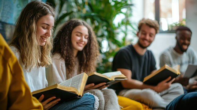 Young adults seated on cushions in a cozy space, reading and discussing Bible verses with enthusiasm and joy - Powered by Adobe