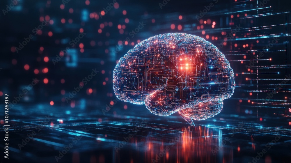 Poster a glowing brain with digital connections and abstract patterns representing artificial intelligence 