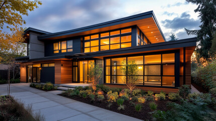 Obraz premium Modern Architectural Marvel: A Sleek Home Design with Expansive Windows and Natural Integration