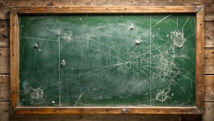 A weathered green chalkboard framed in worn wood, a canvas for forgotten lessons and faded memories.