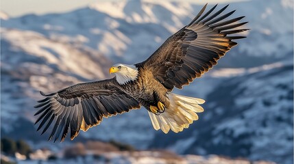 Bald eagle in flight with snowy mountain backdrop.