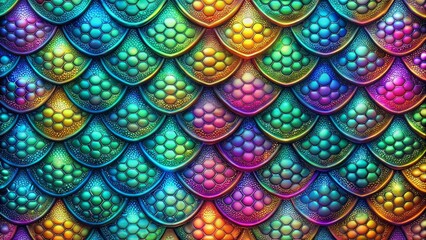 A mesmerizing array of iridescent scales, each a symphony of color and light, shimmering with intricate hexagonal patterns, revealing a captivating depth of texture.