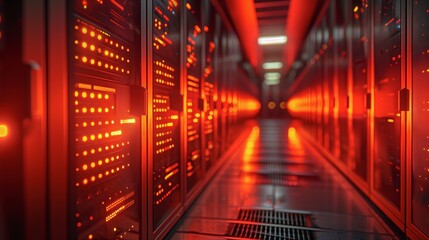 Server room with red lights, filled with servers in darkness