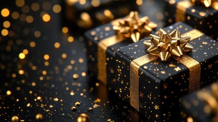 Black and gold gift boxes with golden bows and glitter on a black background.