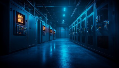 Obraz premium A dimly lit corridor in a tech facility, featuring rows of machinery illuminated by blue lighting, creating a mysterious atmosphere.