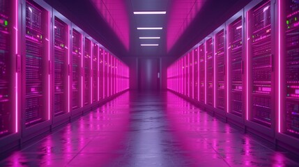 A hallway in a data center of the future illuminated with vibrant neon pink lights