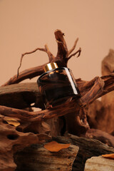 Amber Glass Cosmetic Jar on Natural Wood Background for Organic Skincare Branding