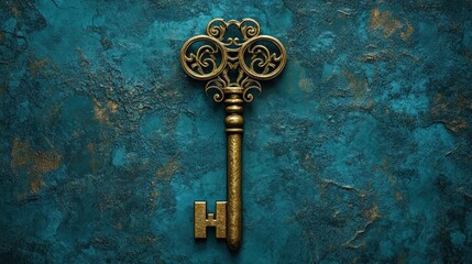 Antique golden key on a blue background.