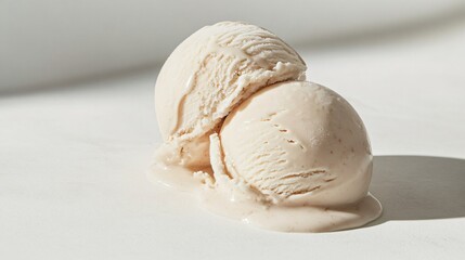 Creamy Vanilla Ice Cream Scoops Melting on White Background