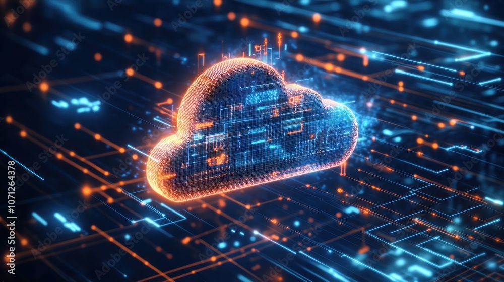 Poster glowing cloud symbol amidst a network of interconnected lines and digital data representation elemen