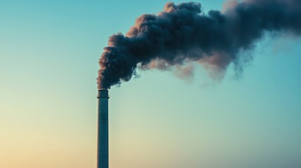Fototapeta premium A smokestack in an industrial zone with black smoke rising into the atmosphere.