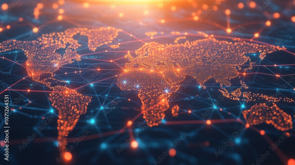 Poster a glowing world map with interconnected dots and lines representing global networks and connectivity