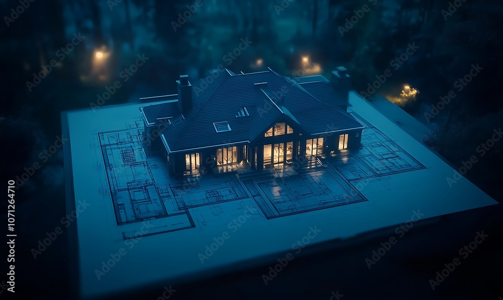 Poster a beautifully illuminated miniature mansion is displayed on a blueprint at night, surrounded by a se