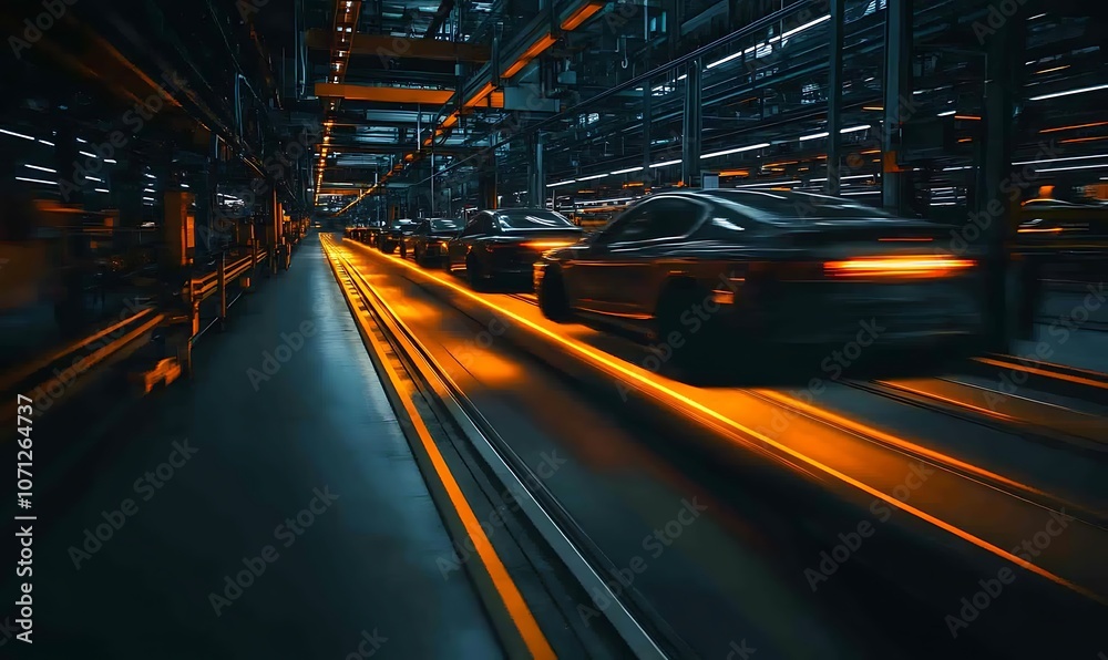 Aufkleber a dark, industrial scene featuring cars in motion along illuminated tracks, creating a dynamic and f