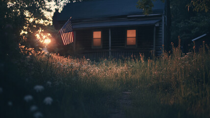 Obraz premium Sunset glow highlights an old house with an American flag on a rural path in the early evening
