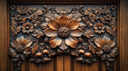 Intricate floral carving adorns a wooden door, showcasing the artistry of woodworking.