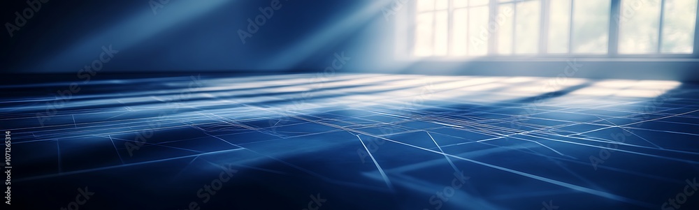 Poster a serene blue-toned environment with sunlight streaming through, illuminating a surface dotted with 