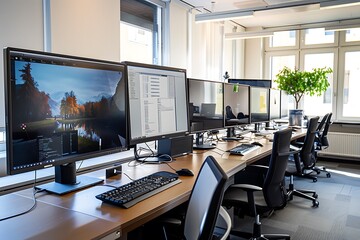 Modern office interior with a lot of computer and equipment