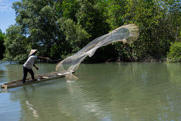 A fisherman throwing a fishing net from a boat in a mangrove forest near the coast © WarnaDunia