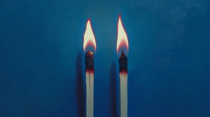 Two burning matches with flames against a blue background.