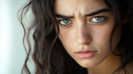 Fototapeta premium A young woman gazes intensely, her striking green eyes and tousled hair adding depth to her thoughtful expression. The soft light enhances the mood of the moment.