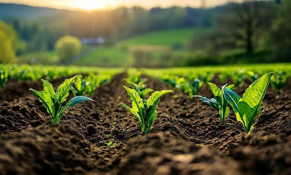 Green seedlings growing in fertile soil with a blurred background of rolling hills and a sunset.