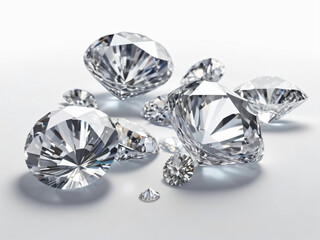 Multiple cut diamonds sparkle on a reflective white surface.