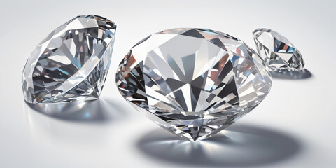 Multiple cut diamonds sparkle on a reflective white surface.