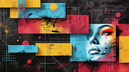 Urban artwork featuring a womans face and geometric elements in an abstract style