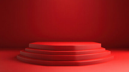 Fototapeta premium vibrant red podium with multiple tiers stands against solid red background, creating striking visual effect. This setup is perfect for presentations or displays