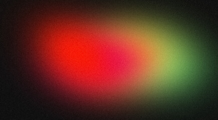 Vibrant orange green red color dark grainy gradient backdrop design. Abstract glowing color flow black, wave shaped gradient, noise texture backdrop.