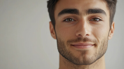 Obraz premium confident young man with warm smile and expressive eyes, exuding trust and approachability. His well groomed appearance and friendly demeanor create positive impression