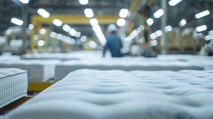 White mattresses in warehouse. Industrial background