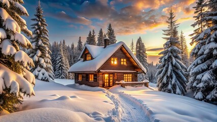 Fototapeta premium A solitary wooden cabin bathed in the golden glow of a winter sunset, nestled amidst snow-laden pine trees, with a path leading towards its invitingly lit windows.