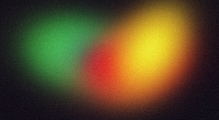Vibrant orange red green color dark grainy gradient backdrop design. Abstract glowing color flow black, wave shaped gradient, noise texture backdrop.