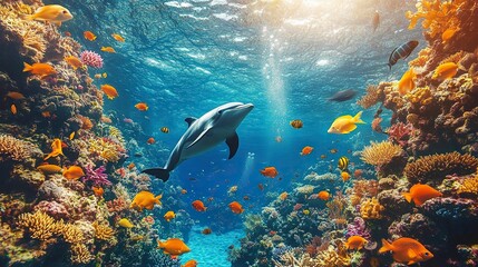 Fototapeta premium wide-angle lens, A school of fish swimming in the deep blue ocean, with colorful tropical fish and a dolphin at different depths. generative ai