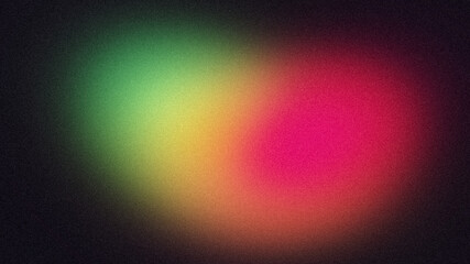 Vibrant magenta pink orange green color dark grainy gradient backdrop design. Abstract glowing color flow black, wave shaped gradient, noise texture backdrop.