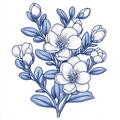 A delicate illustration of blooming flowers with intricate details, showcasing soft petals and lush leaves in a graceful arrangement.