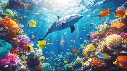 Fototapeta premium wide-angle lens, A school of fish swimming in the deep blue ocean, with colorful tropical fish and a dolphin at different depths. generative ai