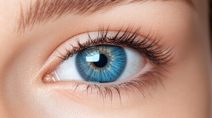 Obraz premium A close-up of a woman's blue eye with long eyelashes.
