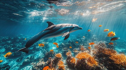 Obraz premium wide-angle lens, A school of fish swimming in the deep blue ocean, with colorful tropical fish and a dolphin at different depths. generative ai