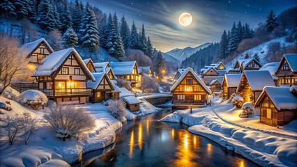 Enchanted Winter Village Under a Full Moon with a Stream Winding Through a Snowy Landscape