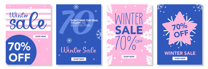 Set of Winter season sale with special offer, Offering Discount. Merry Christmas and Happy New Year. Blue, pink Background template for Advertising, Web, Social Media, Poster, Banner, Cover