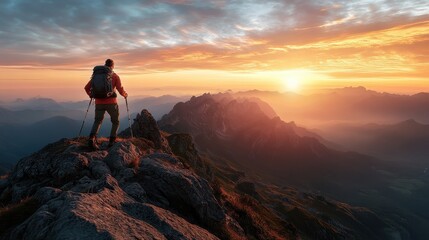 Fototapeta premium Silhouette of Hiker Admiring Mountain View at Sunrise.