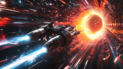 Futuristic Spaceship Flying Through a Wormhole in Space - Sci-Fi Illustration