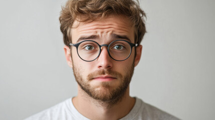 Obraz premium young man with glasses and neutral expression looks directly at camera, showcasing his thoughtful demeanor. His tousled hair and casual attire add to relaxed atmosphere
