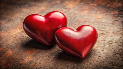 Two Red Hearts Resting on a Weathered Wooden Surface